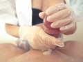 Professional handjob by sexy nurse with surgical mask, latex gloves and oil