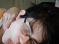 Short haired Cutie with glasses deepthroats my cock til I cum in her mouth