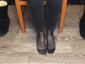 Student girl show nylon socks, boots and foot after study