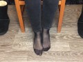 Student girl show nylon socks, boots and foot after study