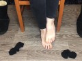 Student girl show nylon socks, boots and foot after study