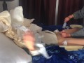 Humiliate with a diaper on face and ruined with her foot job