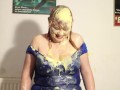 BBW gets pied multiple times in tight blue dress