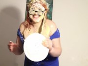 BBW gets pied multiple times in tight blue dress