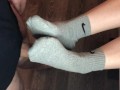 teen sockjob with gray nike socks, footjob teen socks after gym fuck cum