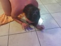 Teen sipping piss from floor through a straw