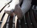 Mistress legs in white tights outdoor
