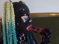 Miss Maskerade Latex doll blowjob dildo in full rubber and hood.