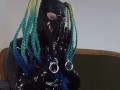 Miss Maskerade Latex doll blowjob dildo in full rubber and hood.