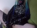 Miss Maskerade Latex doll blowjob dildo in full rubber and hood.