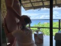 honeymoon couple enjoys dream hotel room with tits pressed to window