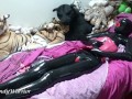 Black latex Condom Catsuit + pink latex corset + orgasm