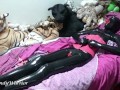 Black latex Condom Catsuit + pink latex corset + orgasm