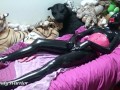 Black latex Condom Catsuit + pink latex corset + orgasm