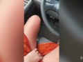 Blonde teen has orgasm in a parking lot in front of supermarket