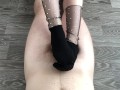 girl socksjob and handjob with black socks cumshot