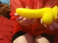 Sexy goth Unboxing, bright yellow dragon dildo