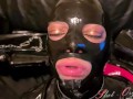Slave Slut-Orgasma Celeste in black latex eating dog food and drinking piss