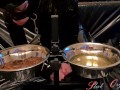 Slave Slut-Orgasma Celeste in black latex eating dog food and drinking piss