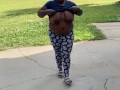 Showing my big tits in the front yard