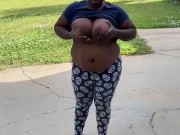 Showing my big tits in the front yard