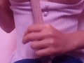 Asian teen smacking her tits with ruler hard