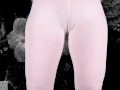 Cameltoe of a woman on fitness without underwear with pussy showing thrue