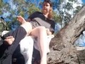Girls goes wild, fingering on a tree