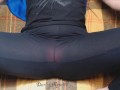 Hairy pussy queefing on plaid blanket in leggings and red panties