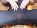 Hairy pussy queefing on plaid blanket in leggings and red panties