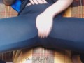 Hairy pussy queefing on plaid blanket in leggings and red panties