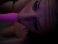 Horny slut deep throats her vibrator