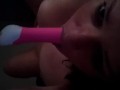 Horny slut deep throats her vibrator