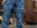 Side view pissing through backwoodsmechanic pants.  Then cum