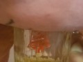 Bbw encouraged to pee more into glass