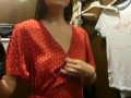 Hot girl play with pussy and tits in the dressing room, public masturbation