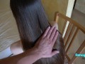 Hair fetish. A girl with long hair sucks and gets fucked doggy style.