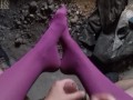 POV video of NightMiss feet in purple pantyhose giving sloppy handjob