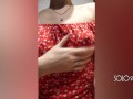 Innocent girl in a red dress public masturbation in a dressing room store