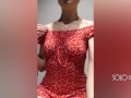 Innocent girl in a red dress public masturbation in a dressing room store
