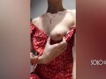 Innocent girl in a red dress public masturbation in a dressing room store