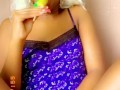 Slut ramming candy dildo into her fat wet pussy outside