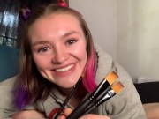 Sexy white girl masturbates with paint brushes! Object insertion!