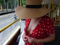 Real amateur wife flashing tits at public transport and park - handjob with cumshot on boobs!