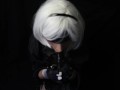 Silicone doll with 2B cosplay gives blowjob to strapon