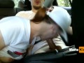 Public deep blowjob with cum swallowing, teen sucks dick for Uber driver in a car in a parking lot