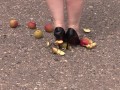 Crush fetish outdoors  Fat legs in high heel shoes crush apples