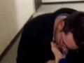 Licking mistress's feet in a school stair case