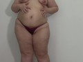 BBW shakes stuffed belly and big ass in panties. Fetish.