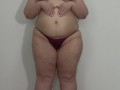 BBW shakes stuffed belly and big ass in panties. Fetish.